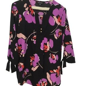 Ellen Tracey Women Top, Medium, Black and Purple, 3/4 Sleeves, Flower Print